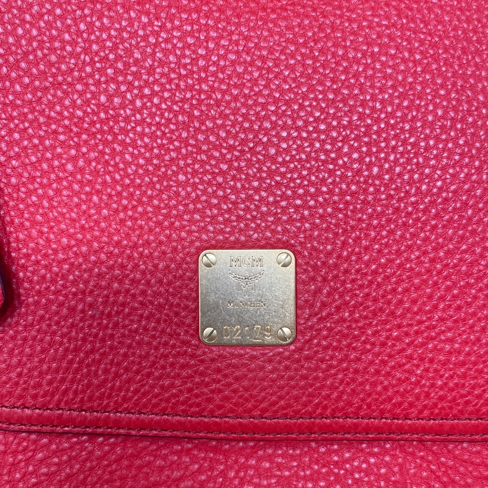 RED LEATHER MCM MUCHEN CROSS BODY TOP HANDLE PURSE - Picture 6 of 6